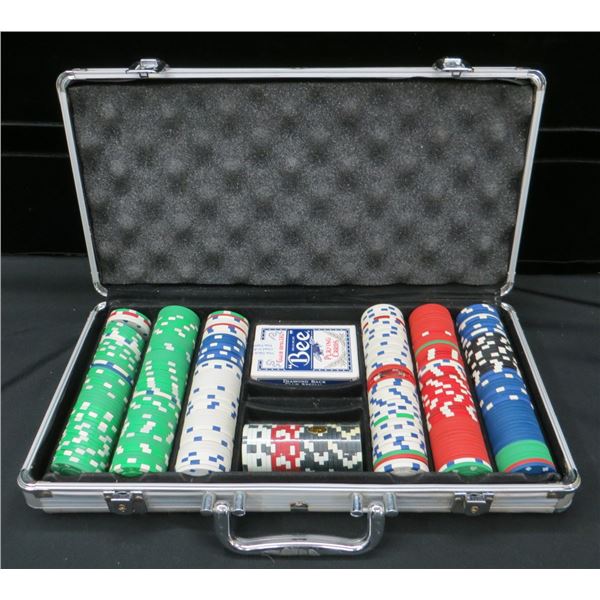 Poker Chip Set With Carry Case & Extra Chips Plus A Deck Of Cards Used In Vegas