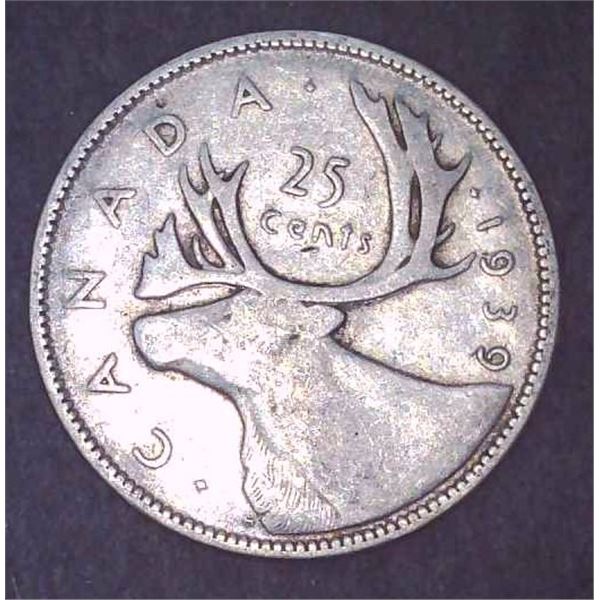 1939 Canadian Silver 25 Cent Coin