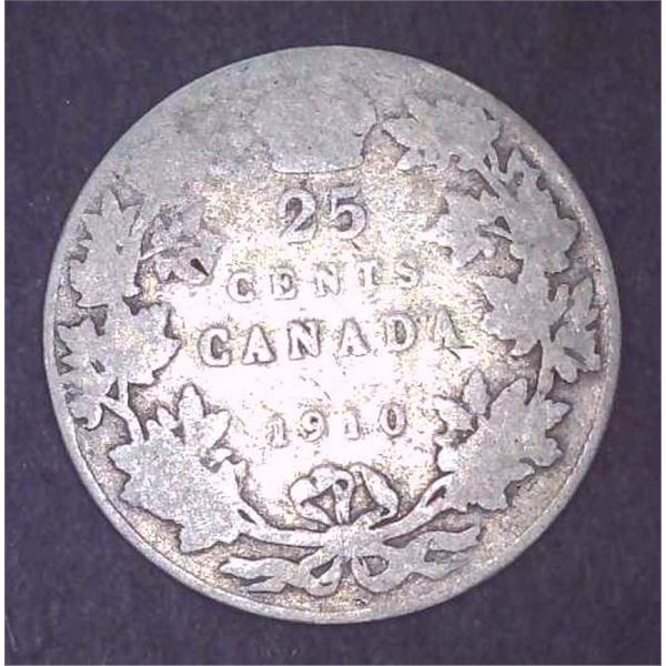 1910 Canadian Silver 25 Cent Coin