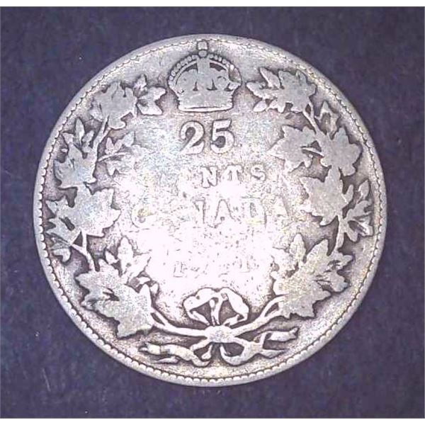 1911 Canadian Silver 25 Cent Coin