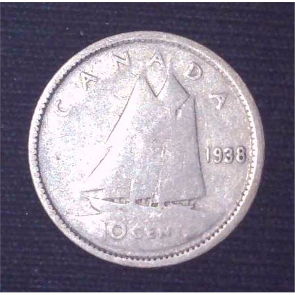 1938 Canadian Silver 10 Cent Coin