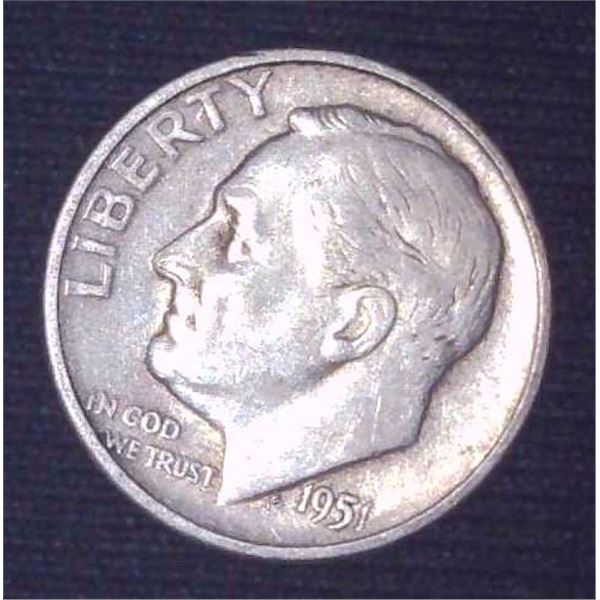 1951 USA Silver 10 Cent Coin
