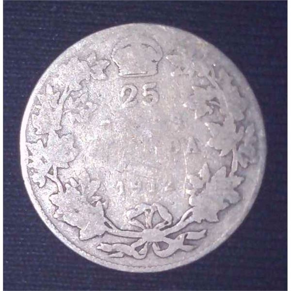 1912 Canadian Silver 25 Cent Coin