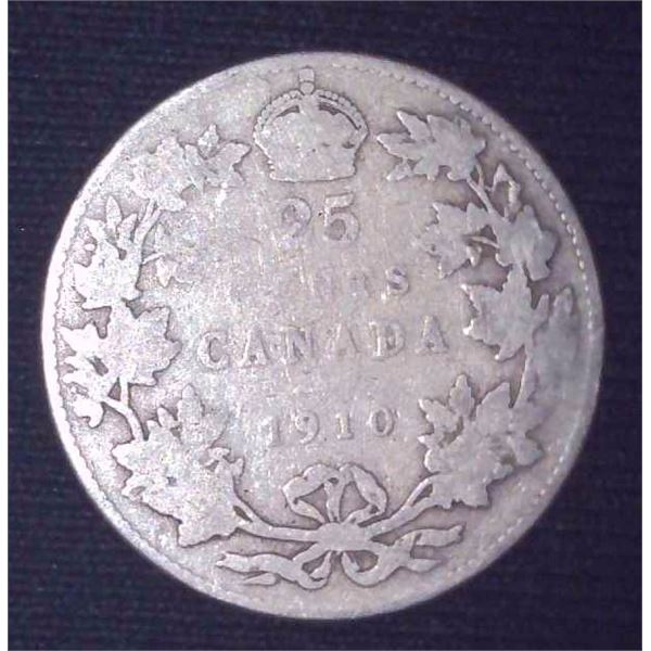 1910 Canadian Silver 25 Cent Coin