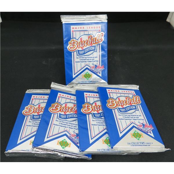 5 Sealed Packs 1991 Upper Deck Baseball 15 Cards Per Pack + 1 Hologram