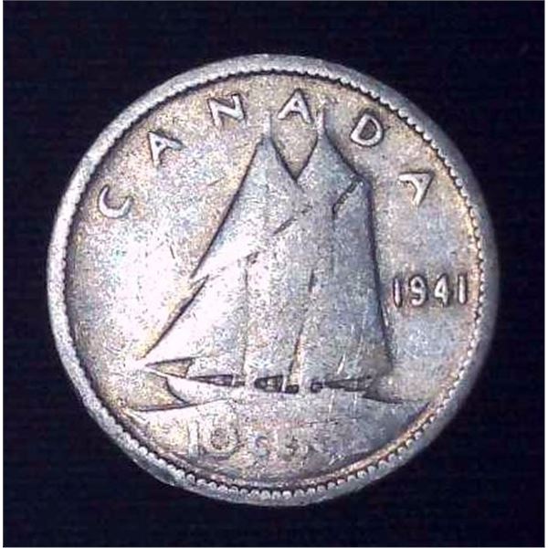 1941 Canadian Silver 10 Cent Coin