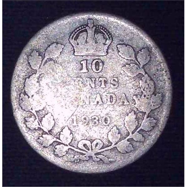 1930 Canadian Silver 10 Cent Coin