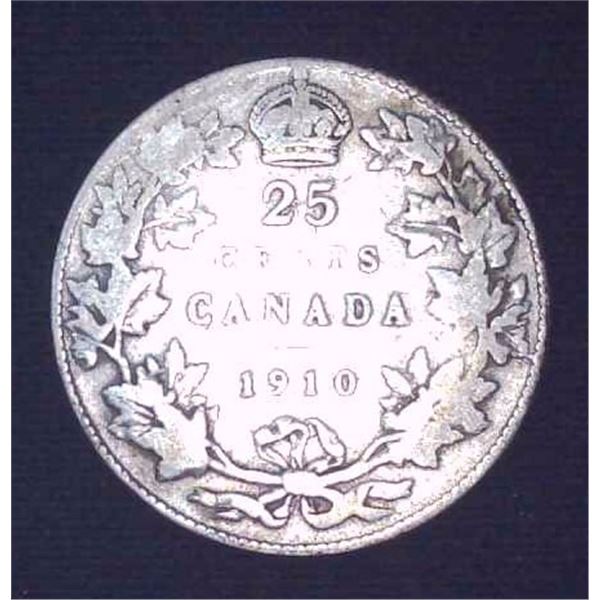 1910 Canadian Silver 25 Cent Coin