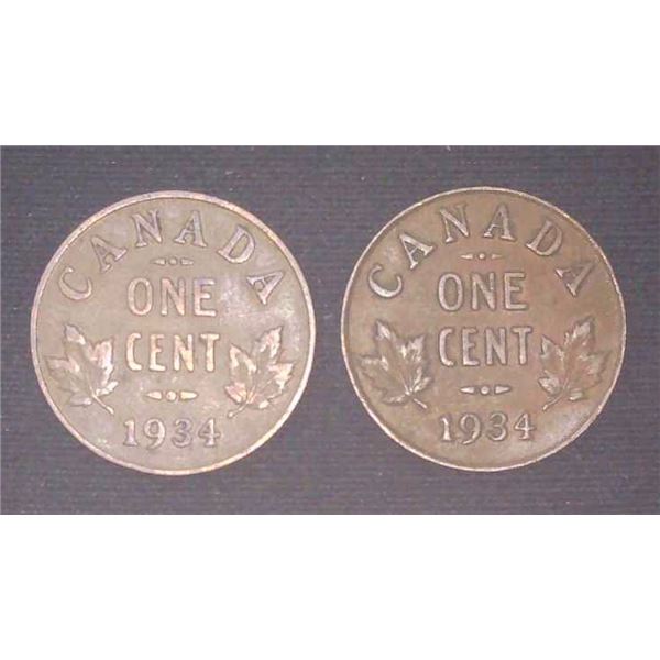 2x Canadian Pennies 1934