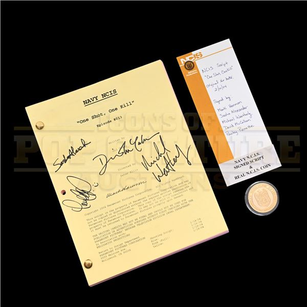 NCIS (TV) - Cast Autographed Script & Real N.C.I.S. Coin - 58-9