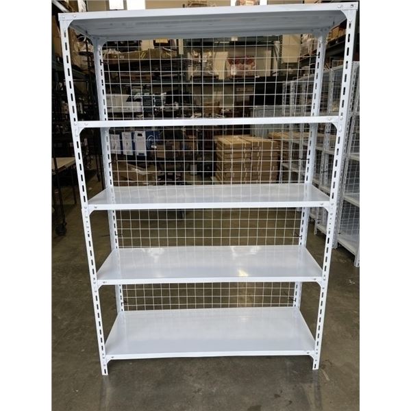 NEW ASSEMBLED.  WHITE METAL SHELVING UNIT WITH REAR CAGE BACKING 48" WIDE, 70 INCH TALL, 16 INCH DEE