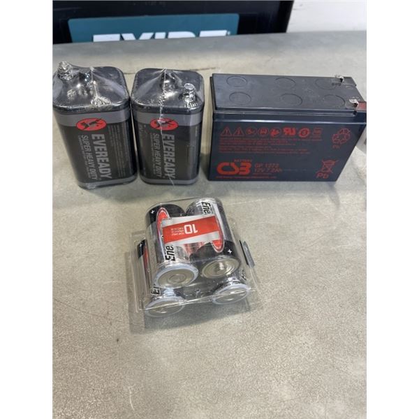 HELIX 5 RECHARGEABLE BATTERY 12V 7.2AH AND 2 NEW EVERREADY 6 VOLT BATTERIES AND ENERGIZER D BATTERIE