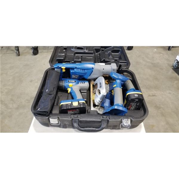 LITHIUM CIRCULAR SAW AND DRILL AND RECIPROCATING SAW AND FLASHLIGHT IN CASE WITH 2 BATTERIES. MISSIN