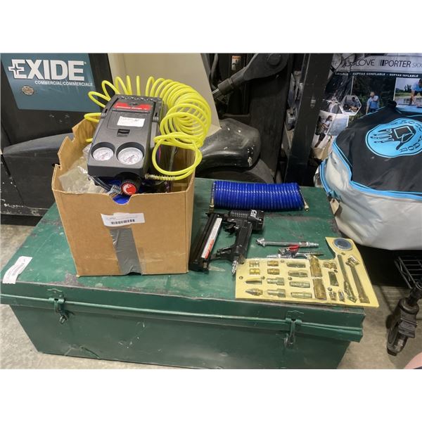 CAMBELL HAUSFIELD AIR COMPORESSOR WITH HOSES AND NAIL GUN, TIPS ETC