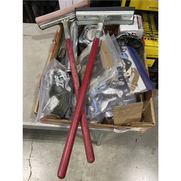 ASSORTED NEW GASKETS, CENTER CAPS, TIRE PLUGS, SQUEEGIES, VINTAGE SEATBELTS