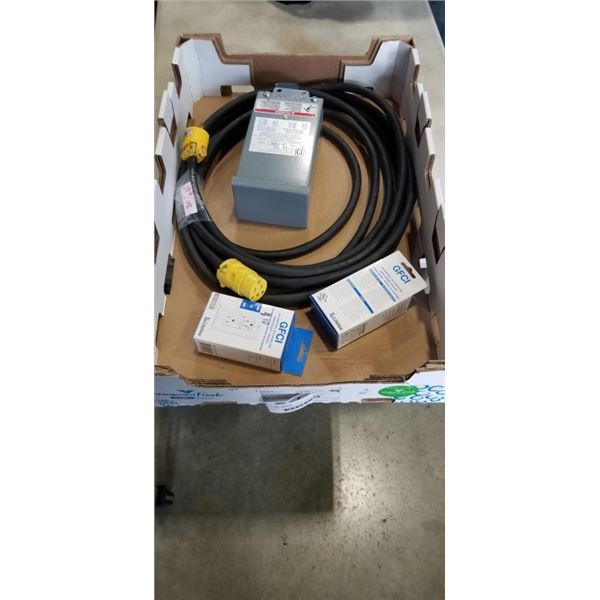 NEW 30FT HEAVY DUTY EXTENSION CORD, NEW SQAURE D ENCLOSED SWITCH BOX AND 2 GFCI BREAKERS