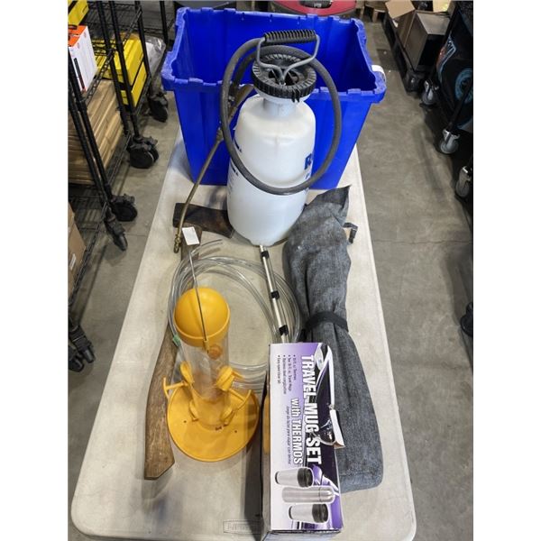 SPRAYER, AXE, BIRD FEEDER AND TRIPOD ETC