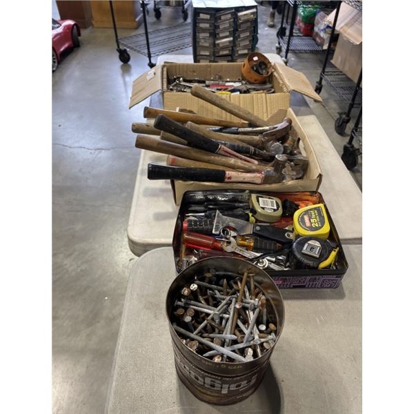 3 TRAYS OF TOOLS, BOLTS, ETC AND BUCK OF NAILS