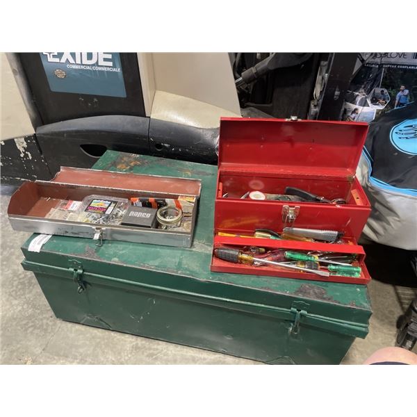 2 METAL TOOL BOXES AND ASSORTED HAND TOOLS