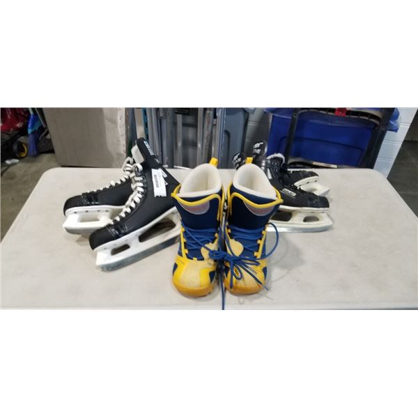 2 ICE SKATES SIZES 10 AND 4D, AND SOLOMON CHILDS HIKING BOOTS SIZE 1 US