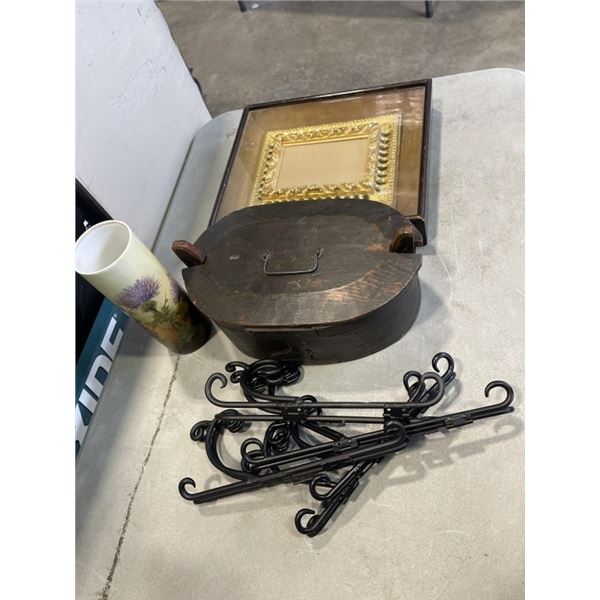ANTIQUE OVAL BOX, PICTURE FRAME, HAND PAINTED VASE, AND METAL PLATE GALLERIES