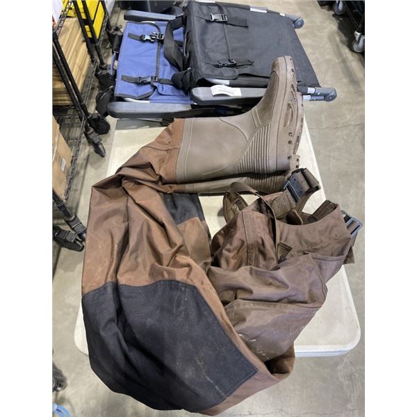 SIZE 11 FISHING WAIDERS AND 2 FOLDING BEACH CHAIRS