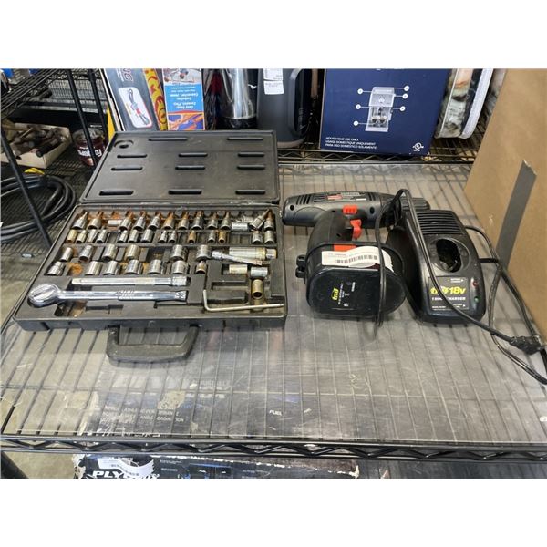 CASED SOCKET SET AND 18V DRILL W/ BATTERY CHARGER
