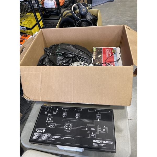 MONSTER POWER STATION, BOX OF HEADPHONES, CAT CABLE, ETC