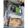 Image 1 : 3 TOTES OF ASSORTED SHOP HARDWARE, ELECTRICAL, , SAW HORSE STANDS ETC