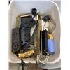 Image 3 : 3 TOTES OF ASSORTED SHOP HARDWARE, ELECTRICAL, , SAW HORSE STANDS ETC