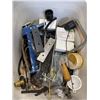 Image 4 : 3 TOTES OF ASSORTED SHOP HARDWARE, ELECTRICAL, , SAW HORSE STANDS ETC