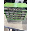 Image 6 : 3 TOTES OF ASSORTED SHOP HARDWARE, ELECTRICAL, , SAW HORSE STANDS ETC