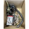 Image 8 : 3 TOTES OF ASSORTED SHOP HARDWARE, ELECTRICAL, , SAW HORSE STANDS ETC