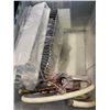 Image 9 : 3 TOTES OF ASSORTED SHOP HARDWARE, ELECTRICAL, , SAW HORSE STANDS ETC