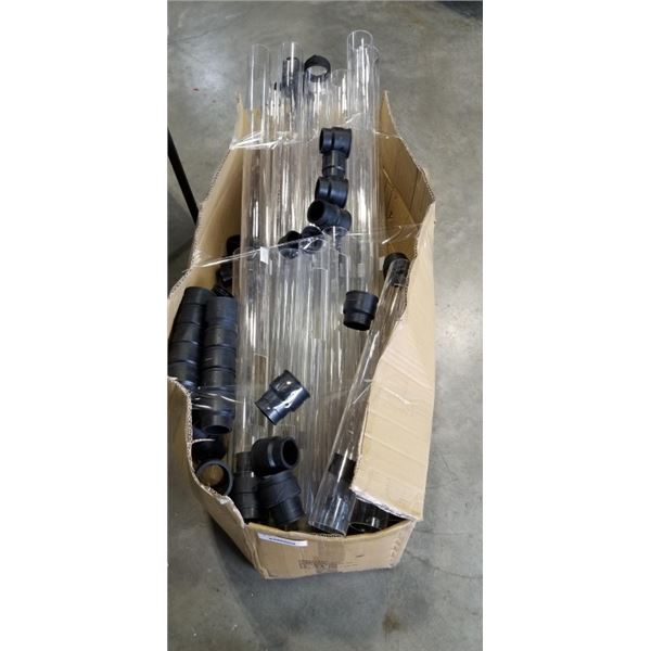 BOX OF ACRYLIC TUBES 2IN DIAMETER 5FT AND 2FT LONG WITH PLUGS AND ADAPTERS