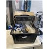 Image 1 : BLACK TOTE WITH HEATER, PROPANE TANK, MISC. CAMPING ITEMS