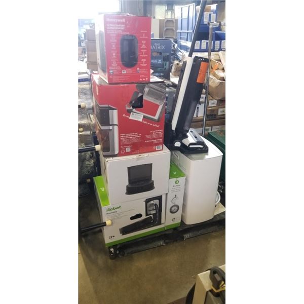 PALLET OF DEFECTIVE STORE RETURNS INCLUDING ROBOT VACUUMS COFFEE MAKERS AND SMALL APPLIANCES