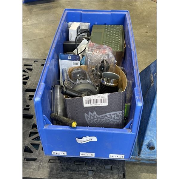 QUANTUM STACKING SOTRAGE BIN WITH ASSORTED STORE REURN DEFECTIVES, INCLUDING VITAMIX BLENDER PARTS, 