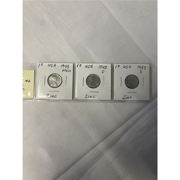 3 - 1943 USA WAR-TIME ZINC CENTS ALL 3 MINTS PLAIN, D AND S - DENVER, PHILADELPHIA, SAN FRAN.