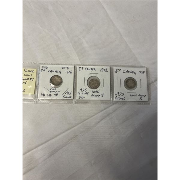 3 CANADIAN SILVER SMALL 5 CENT COINS 1906, 1912, 1918 .925 SILVER