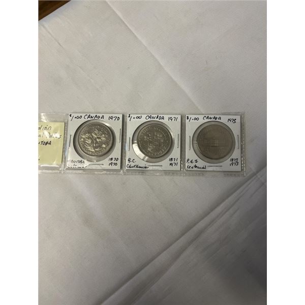 3 CANADIAN CENTENNIAL DOLLARS 1970 MANITOBA, 1971 BC, 1973 PEI