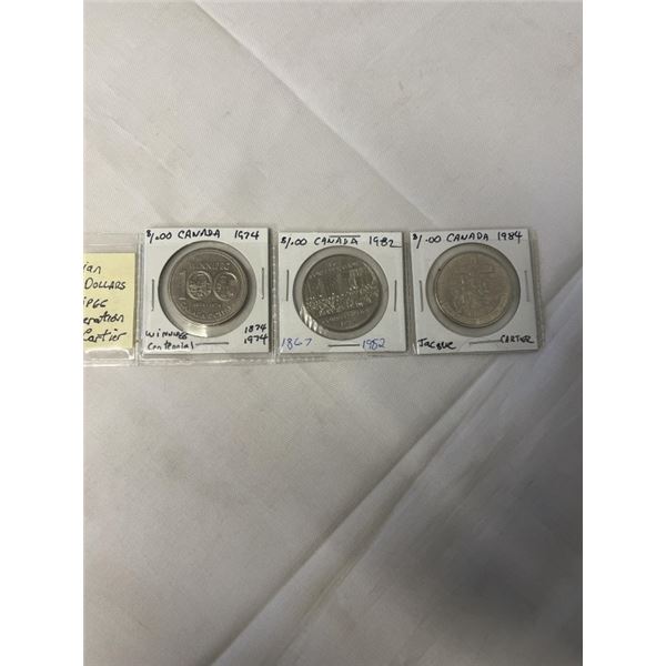 3 CANADIAN CENTENNIAL DOLLARS 1974 WINNIPEG, 1982 CONFEDERATION, 1984 JACQUES CARTIER