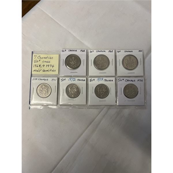 7 CANADIAN 50 CENT COINS 1968 - 1974 MINT CONDITION