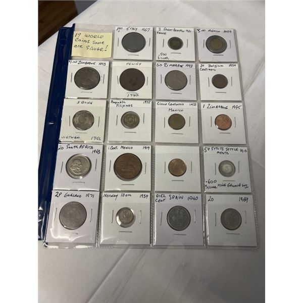 19 WORLD COINS, SOME SILVER