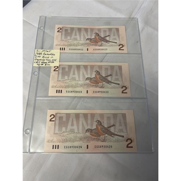 3 - 1986 CANADIAN MINT $2 BILLS, LAST YEAR OF $2 BILL