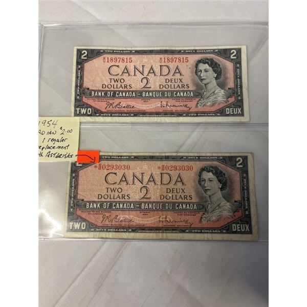2 - 1986 CANADIAN $2 BILLS, ONE REGULAR AND ONE REPLACMENT W/ ASTERICKS