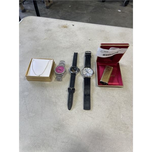 ASSORTED ESTATE WATCHES, INCLDING UNAUTHENTIC PANERAI, RONSON LIGHTER, AND NECKLACE