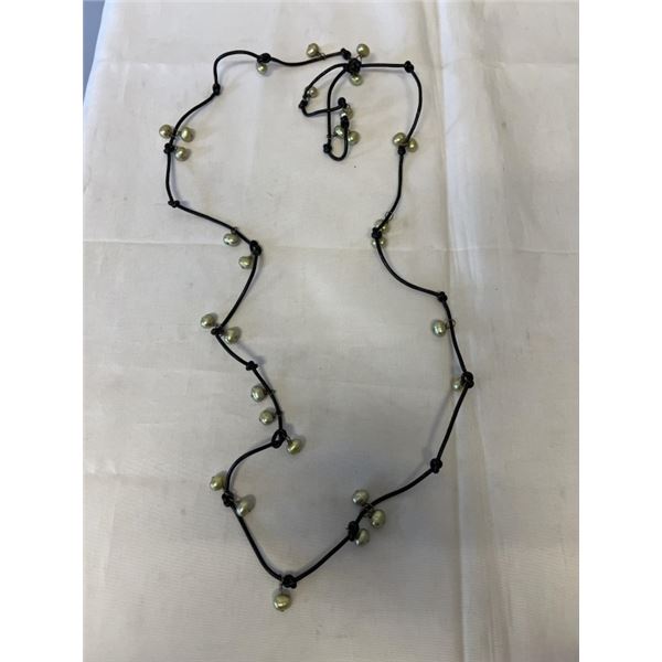 VINTAGE BLACK LEATHER CORD W/ CULTURED FRESH WATER PEARLS NECKLACE, EXTREME LENGTH