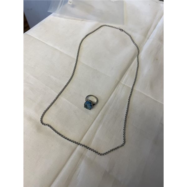 EXTRA LENGTH STAINLESS STEEL CHAIN NECKLACE 27" LENGTH AND RING W/ BLUE STONE SIZE 7