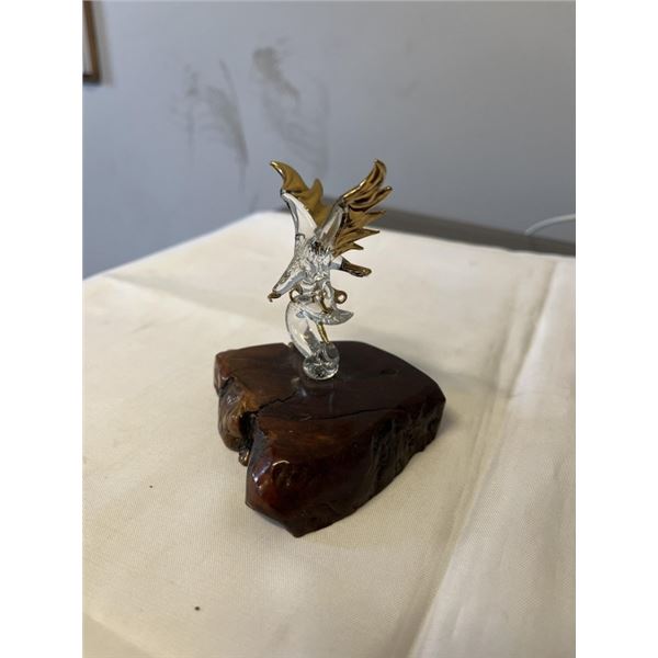 HAND CRAFTED GOLD PLATED GLASS EAGLE ON WOOD BASE